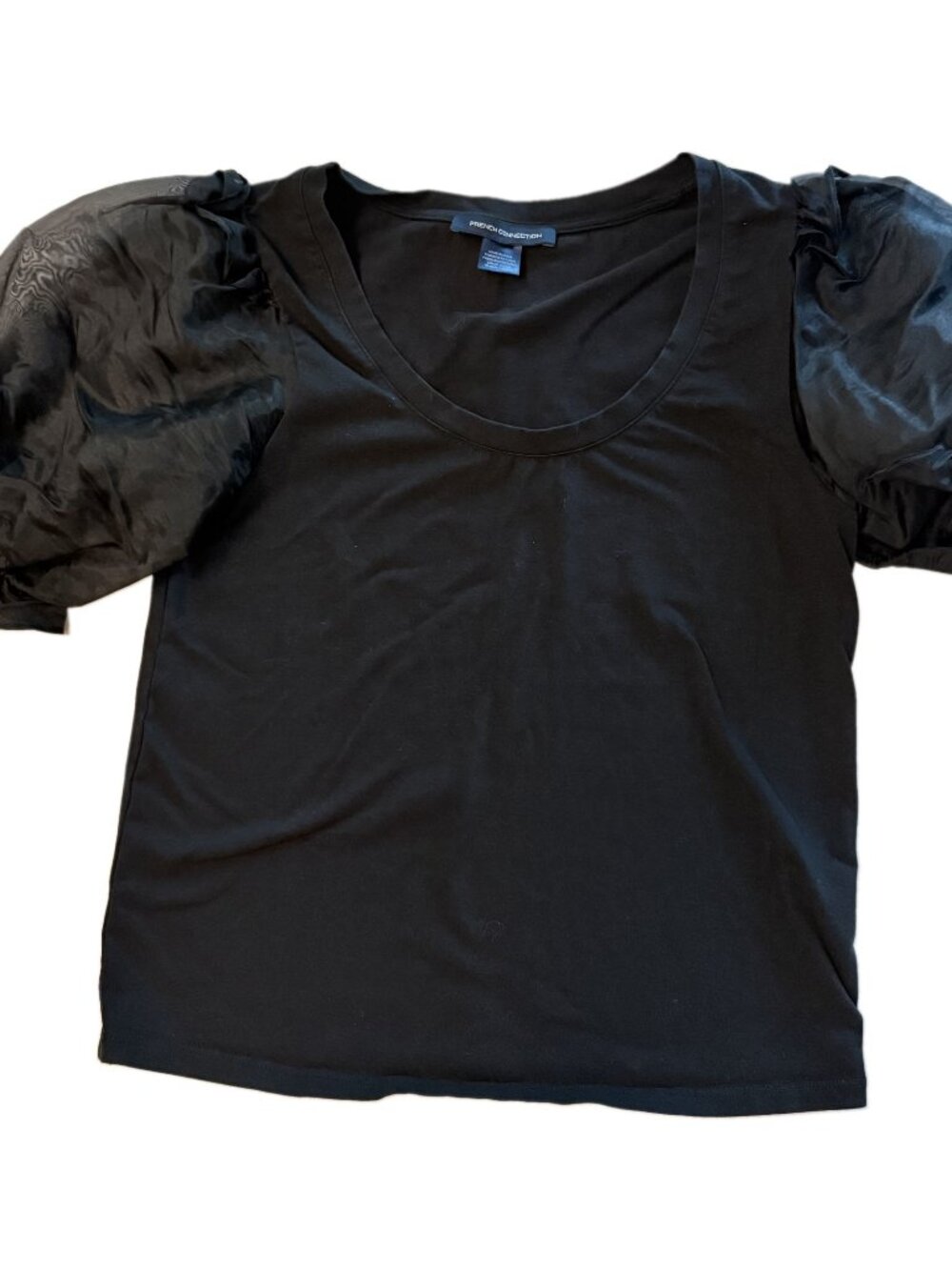 French Connection Black Tee with Sheer Organza Puff Sleeves Size S